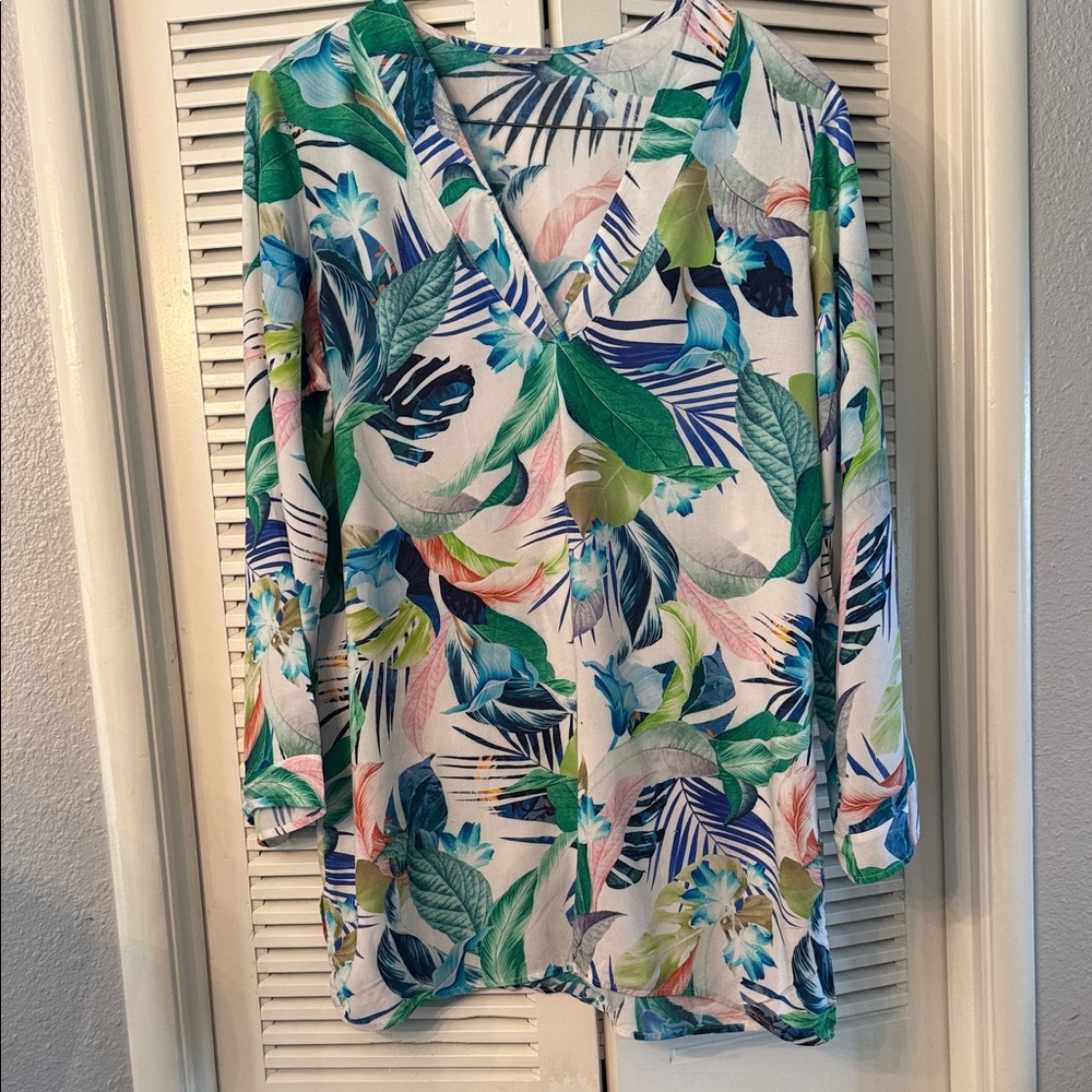 La Blanca Multicolor Tropical Print cover-up dress.